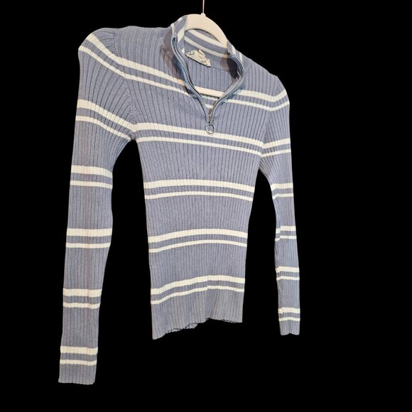 Pink Republic Blue & White Striped Ribbed Quarter Zip Sweater Size Small - Picture 2 of 4